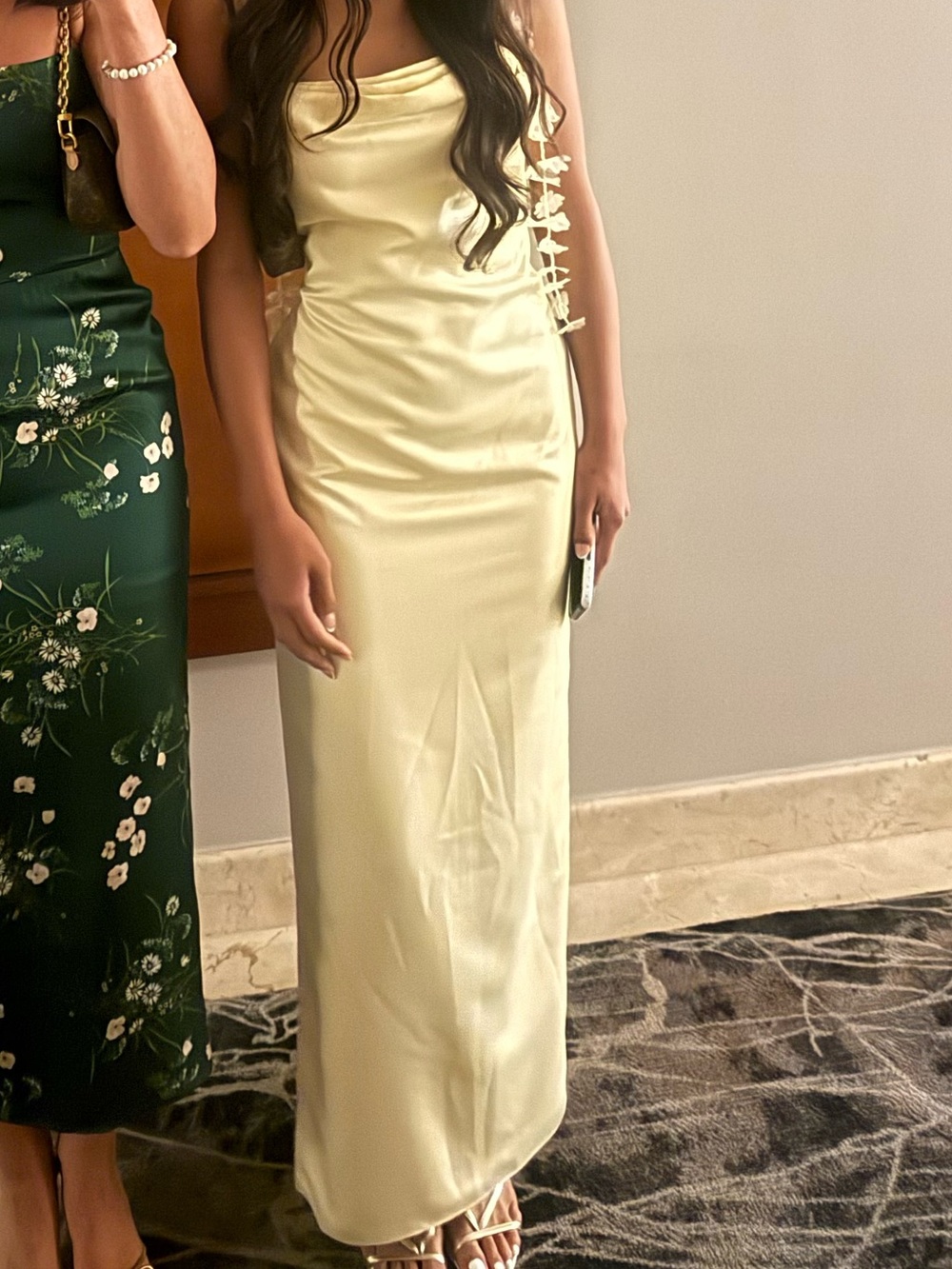 BHLDN Pale Yellow Satin Midi Dress